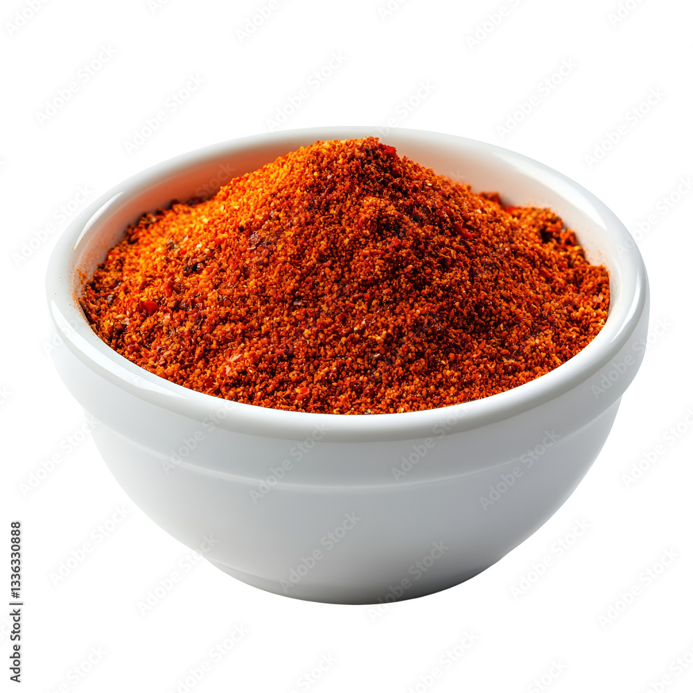 Spicy red chili powder in a white bowl Spicy red chili powder in a white bowl