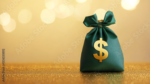 Green Money Bag on Golden Glittering Background