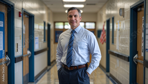 Authoritative School Principal Standing in Hallway with Lockers Under Fluorescent Lighting
