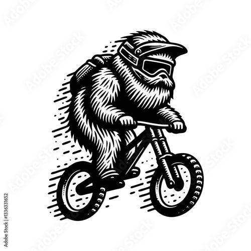Yeti bigfoot riding mountain downhill bike Engrave illustration icon logo template