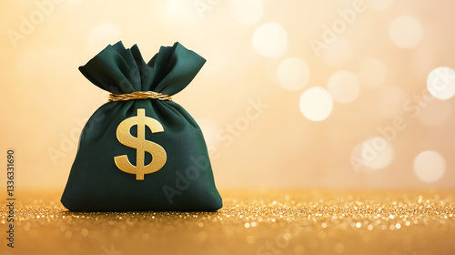 Green Money Bag on Golden Glittering Background