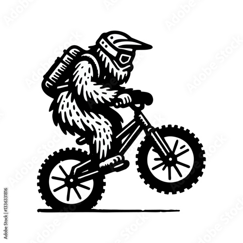 Yeti bigfoot riding mountain downhill bike Engrave illustration icon logo template