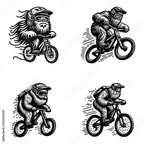 Yeti bigfoot riding mountain downhill bike Engrave illustration icon logo template