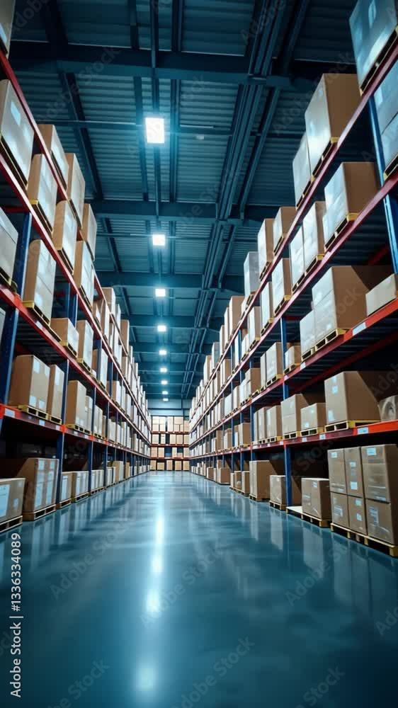 Symmetrical corridor between high loaded shelves with perspective in large logistics center Symmetrical corridor between high loaded shelves with perspective in large logistics center