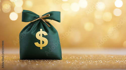 Green Money Bag on Golden Glittering Background