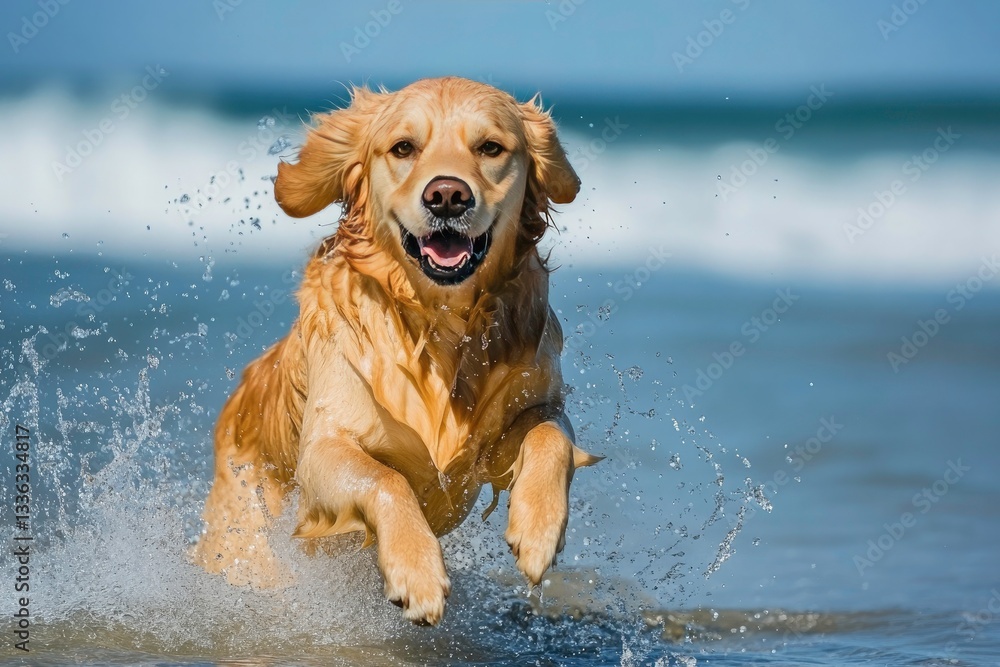 Playful Golden Retriever Running Through the Surf Playful Golden Retriever Running Through the Surf