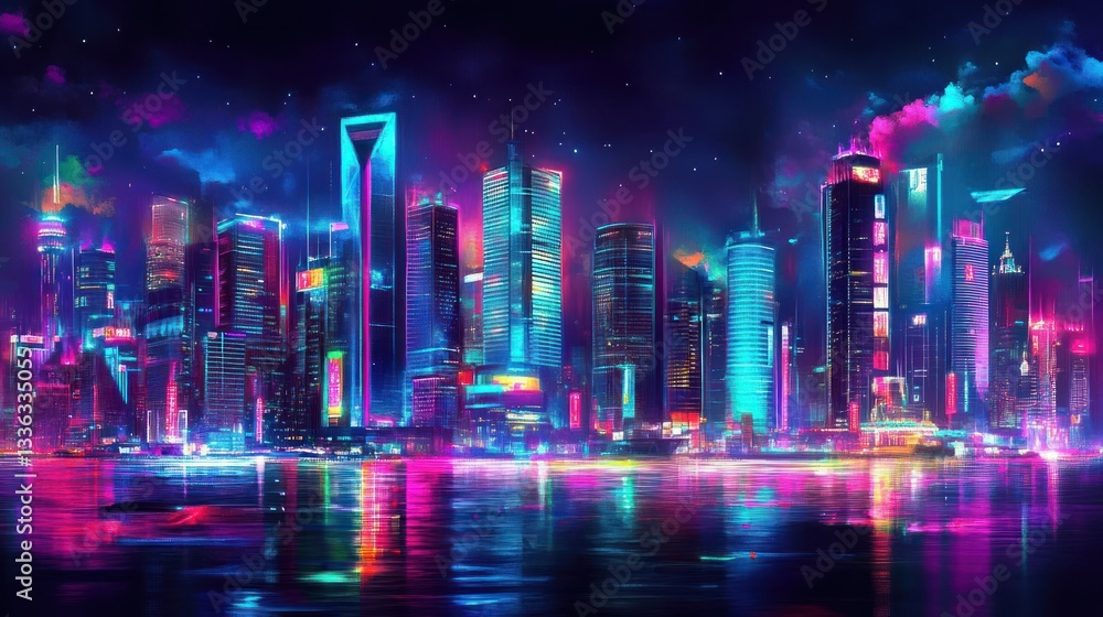 Vivid futuristic city skyline reflected on a calm body of water Vivid futuristic city skyline reflected on a calm body of water