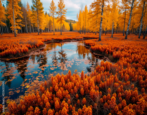 Autumn muskeg in Canada with cranberry bogs. Vibrant red contrasts against golden tamarack in a vast wetland