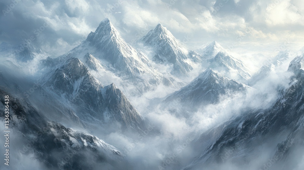 Obraz premium Majestic snowy mountains shrouded in clouds. Possible use Nature wallpaper