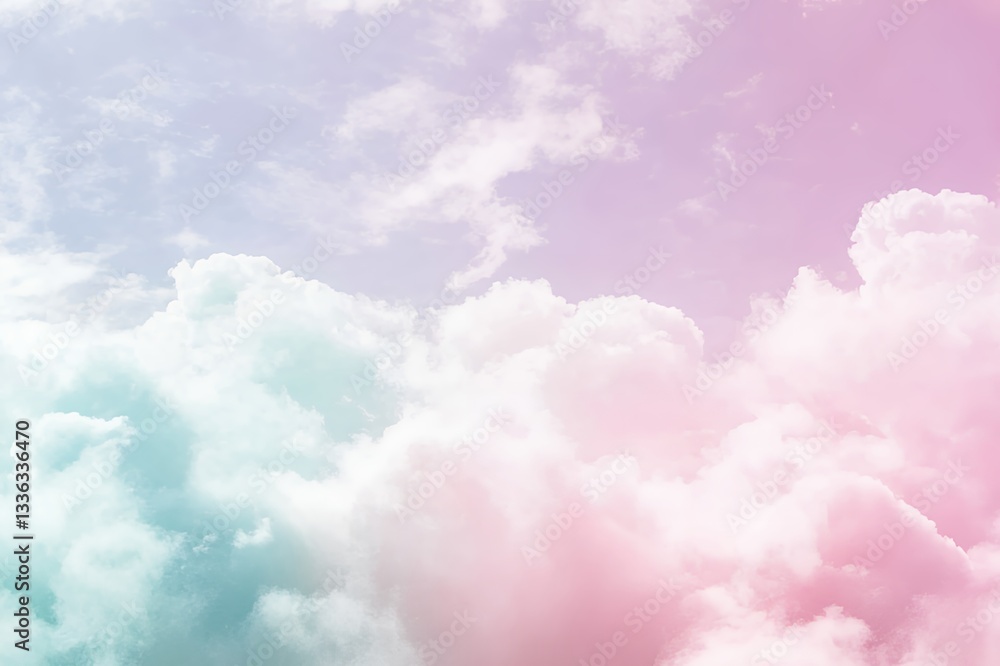 Pastel sky with fluffy clouds in shades of pink, purple, and turquoise colors gradient Pastel sky with fluffy clouds in shades of pink, purple, and turquoise colors gradient