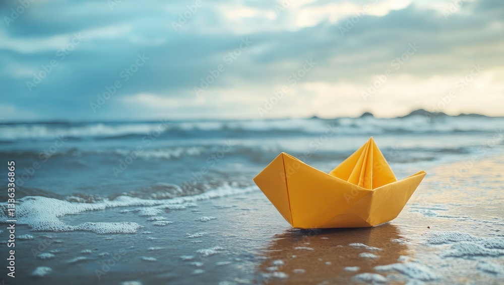 Obraz premium A vibrant yellow paper boat on the beach at sunset.