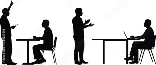 Silhouette illustration of people using laptops and gestures in a meeting, representing teamwork, collaboration, and communication