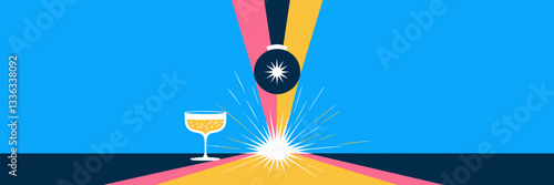 Vector illustration of ball dropping with champagne and sparkler – Great for New Year's Eve content, party promotions, or festive celebrations.