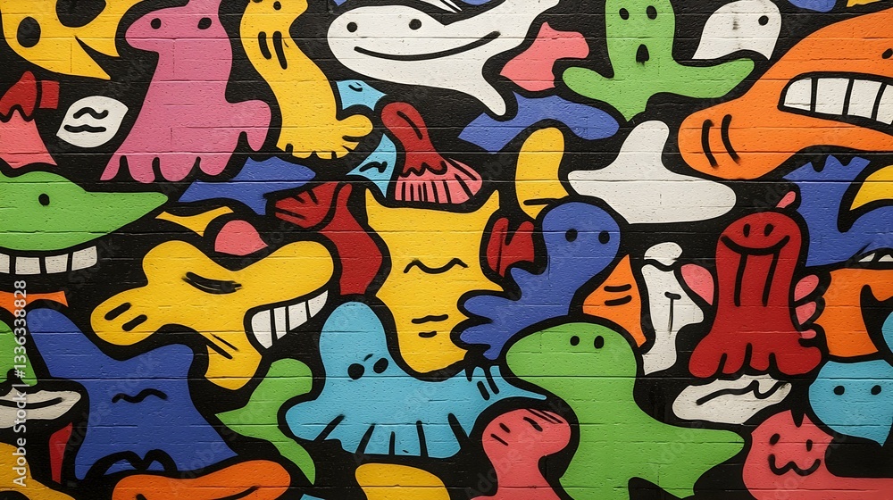 Vibrant colorful abstract doodle art mural on a brick wall. Perfect for backgrounds, websites, or kids' projects. Vibrant colorful abstract doodle art mural on a brick wall. Perfect for backgrounds, websites, or kids' projects.