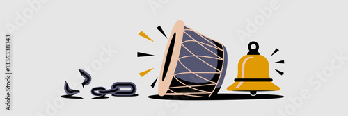 Vector illustration of broken chain, celebration drum being played, and ringing freedom bell