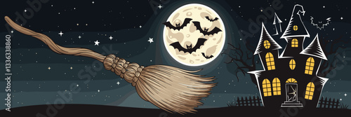 Witch's broom with twisted handle, full moon with bats, and haunted house under a starry night sky – vector illustration