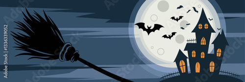 Flying witch's broom, large full moon with bats, and haunted house with dark windows in eerie night sky – vector illustration