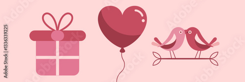 Heart-shaped balloon, gift with bow, and love birds in romantic vector illustration
