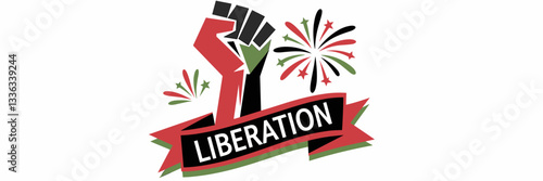 Vector illustration of an African American fist raised in the air with a "LIBERATION" banner and fireworks – Perfect for activism campaigns, social justice content, or Black History Month designs.