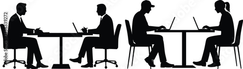 Silhouette illustration of multiple people working at desks with laptops in a collaborative environment