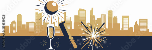 Vector illustration of ball dropping, champagne, and sparkler with city skyline – Perfect for New Year's Eve, holiday events, or festive branding.