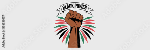 Vector illustration of a raised African American fist with "BLACK POWER" banner and fireworks