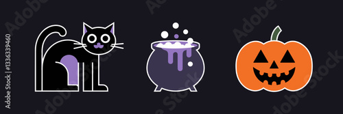 Playful Halloween vector icons featuring black cat, cauldron with potion, and spooky pumpkin on dark background