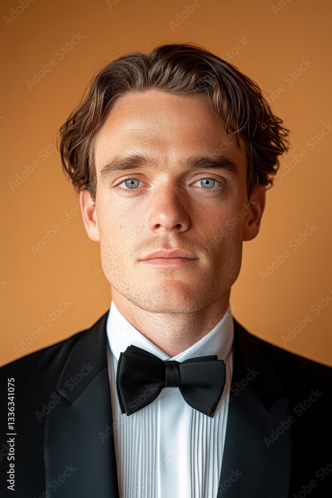 Elegant tuxedo portrait of a man minimalist style studio setting close-up view timeless charm Elegant tuxedo portrait of a man minimalist style studio setting close-up view timeless charm
