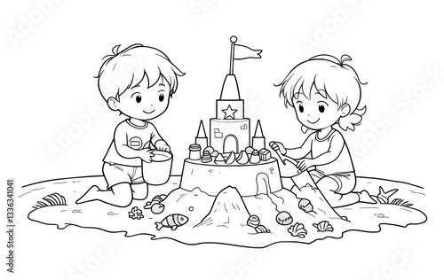 Children Building Sandcastle Illustration Line Art for Creative Projects
