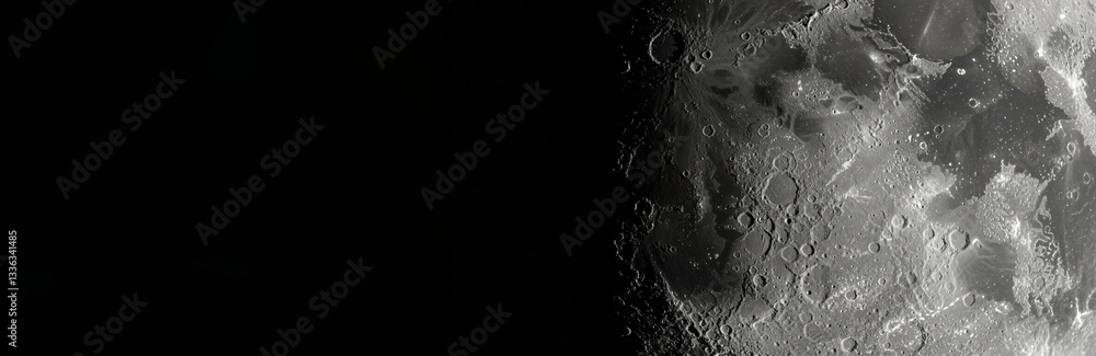 Closeup moon surface with meteorite impact craters. Space exploration. International Day of Human Space Flight, World Space Week. Black white minimalist lunar texture. Monochrome banner, copy space. Closeup moon surface with meteorite impact craters. Space exploration. International Day of Human Space Flight, World Space Week. Black white minimalist lunar texture. Monochrome banner, copy space.