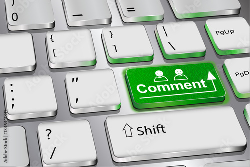 Green keyboard button with the word "comment" in red, vector graphics.