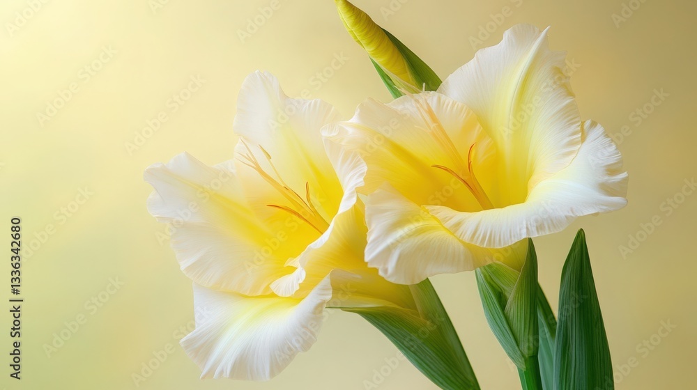 Fototapeta premium Minimalist style yellow gladiolus flowers in soft light nature photography floral arrangement