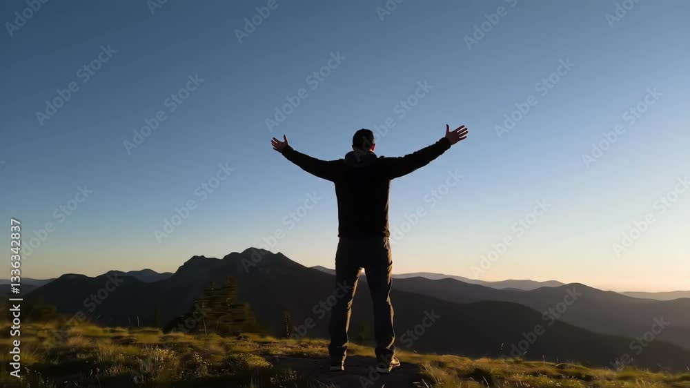 A person stands on a mountain ridge, arms outstretched, welcoming the warm glow of the setting sun. The horizon showcases layered mountain ranges under a clear sky. A person stands on a mountain ridge, arms outstretched, welcoming the warm glow of the setting sun. The horizon showcases layered mountain ranges under a clear sky.