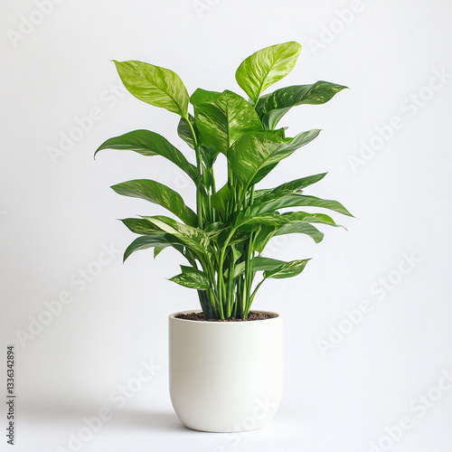 Small Green Plant in White Pot by Window with Soft Sunlight