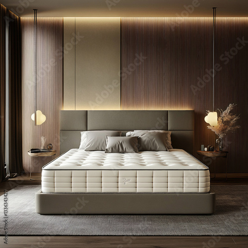Modern, stylish bedroom with a tufted cream-colored bed, gray headboard, and ambient lighting.
