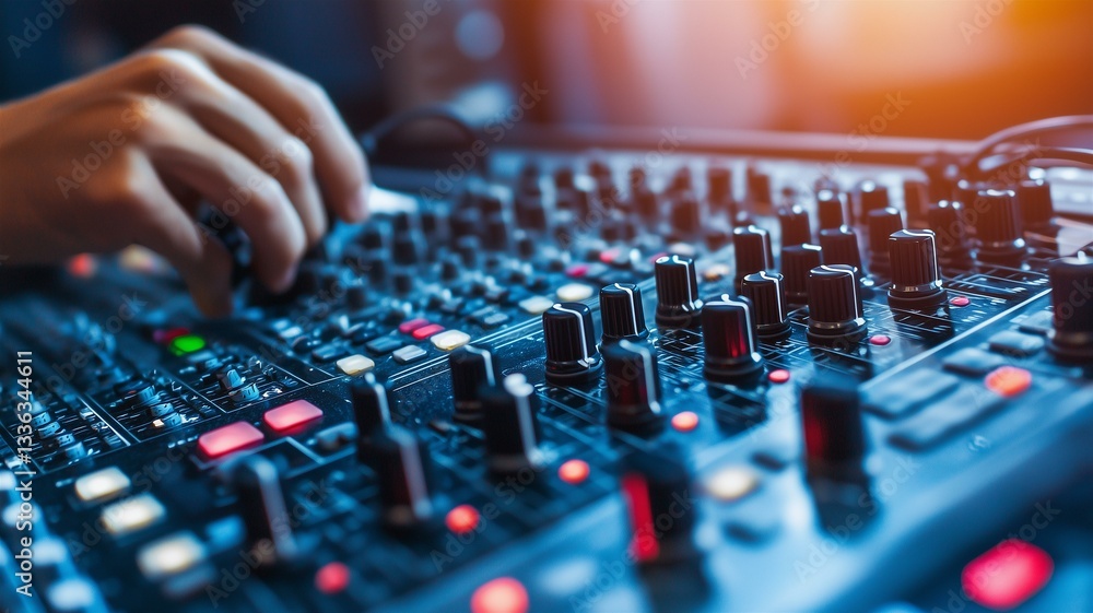 Obraz premium Photorealistic close-up of a sound mixer adjusting audio levels in a recording studio during a live session 