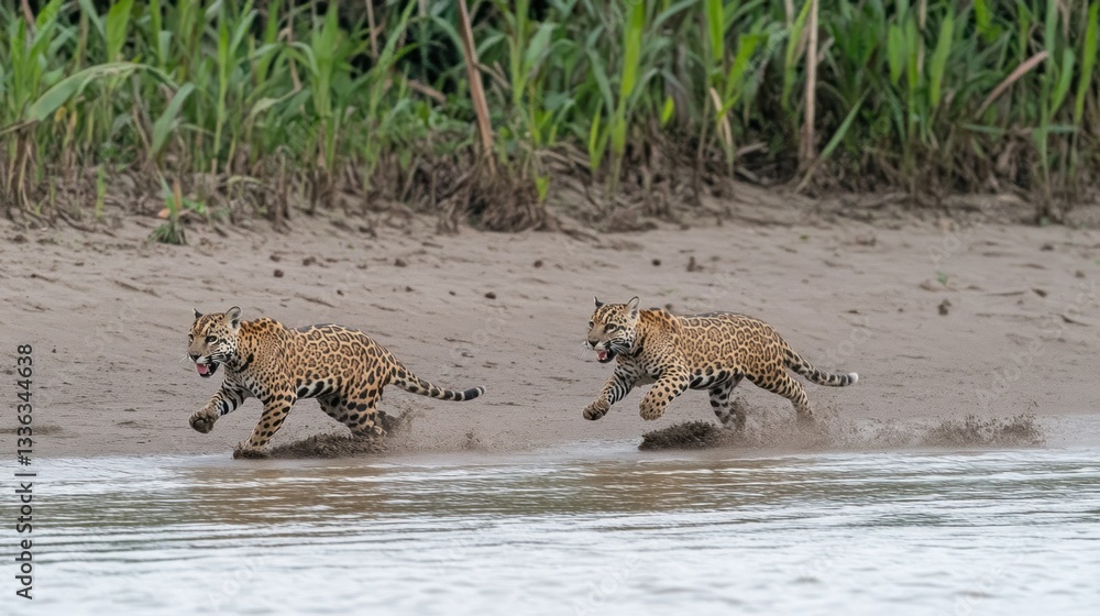 Two spotted wild cats are running along a sandy riverbank Two spotted wild cats are running along a sandy riverbank