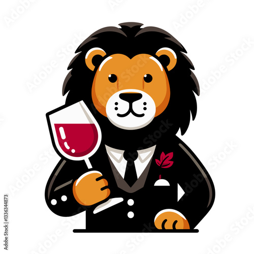 Cartoon sophisticated lion in black tuxedo with wine glass. Perfect for upscale dining promotions, sommelier services, wine tasting events, or elegant celebrations.