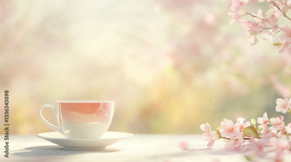 Enjoying Tea Still Life with Pink Blossoms on Wooden Tabletop Enjoying Tea Still Life with Pink Blossoms on Wooden Tabletop