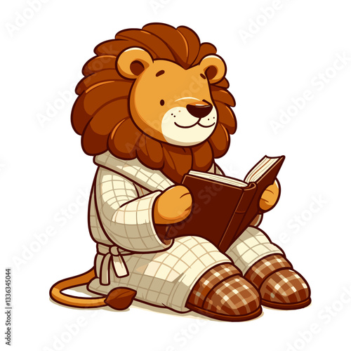 Cartoon intellectual lion in cozy outfit reading book in armchair. Perfect for library promotions, reading programs, literary events, or educational content marketing.
