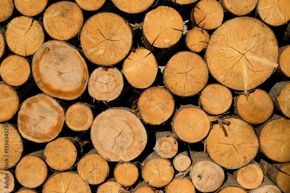 Wood logs wall. Cut logs mural. Stacked wood logs. Different-sized wooden logs are composed together for the wall design. Outside. Sunny day. Wood logs wall. Cut logs mural. Stacked wood logs. Different-sized wooden logs are composed together for the wall design. Outside. Sunny day.