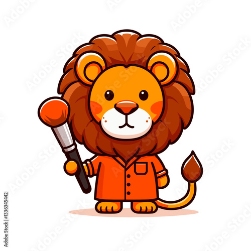 Cartoon lion auctioneer with gavel, vector illustration. Perfect for auction house branding, bidding event promotions, legal themes or antique sales advertisements.