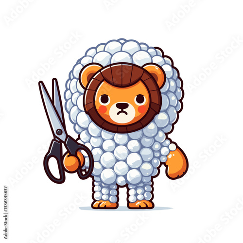 Cartoon lion in fluffy sheep costume holding scissors. Ideal for hairstyling services or fabric crafts concepts.