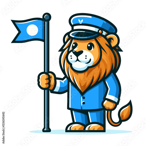 Dedicated lion captain in blue uniform holding flag. Ideal for leadership concepts or nautical themed children's content.