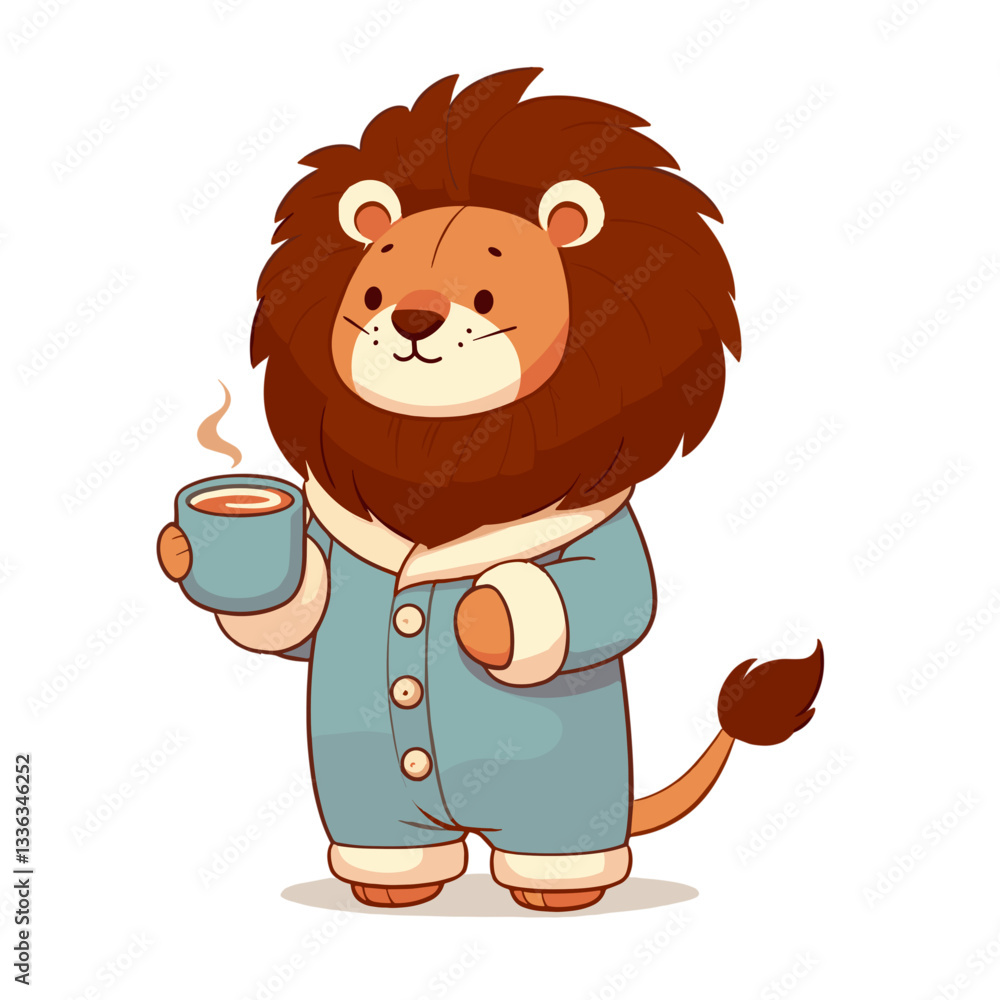 Fototapeta premium Cartoon sleepy lion in blue pajamas holding coffee mug. Perfect for morning routine products, caffeine beverages, sleep quality services, or Monday mood humor concepts.