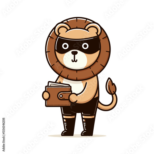 Cartoon thief lion with mask and wallet. Perfect for cybersecurity awareness, fraud prevention education, identity theft protection, or financial security concepts.
