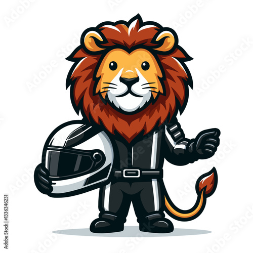 Cartoon race car driver lion in black uniform with helmet. Perfect for motorsport events, racing competitions, automotive enthusiast content, or speed-themed promotions.