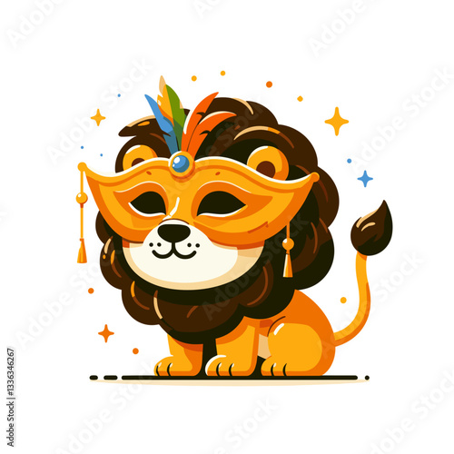 Cartoon festive lion wearing colorful carnival mask with feathers. Perfect for masquerade events, festival celebrations, cultural carnivals, or theatrical performance promotions.