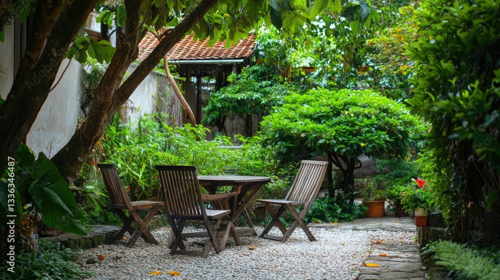 Charming Tropical Retreat: Rustic Wooden Chairs and Table Surrounded by Lush Greenery in Asian Backyard Oasis Charming Tropical Retreat: Rustic Wooden Chairs and Table Surrounded by Lush Greenery in Asian Backyard Oasis
