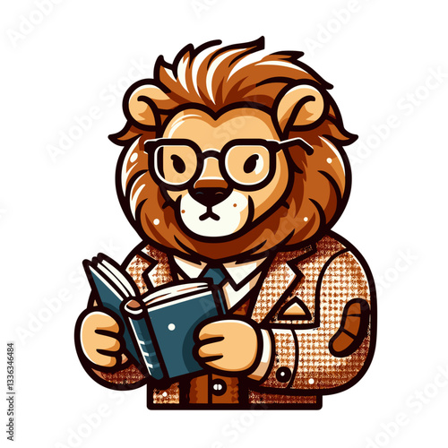 Cartoon scholarly lion with glasses reading book, vector illustration. Perfect for libraries, educational institutions, and literary promotion campaigns.